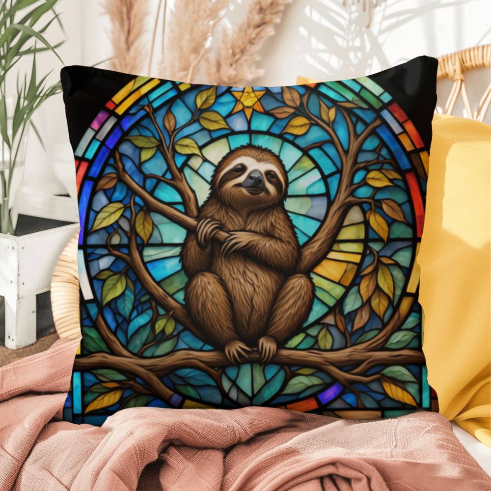 Sloth stained glass throw pillow, jungle animal decor, indoor outdoor cozy home accent
