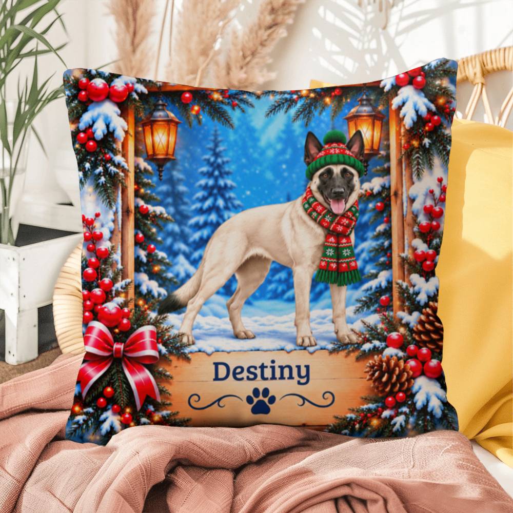 Belgian Malinois (Cream Coat) - Personalized Winter Throw Pillow, Indoor Outdoor Dog Name Gift