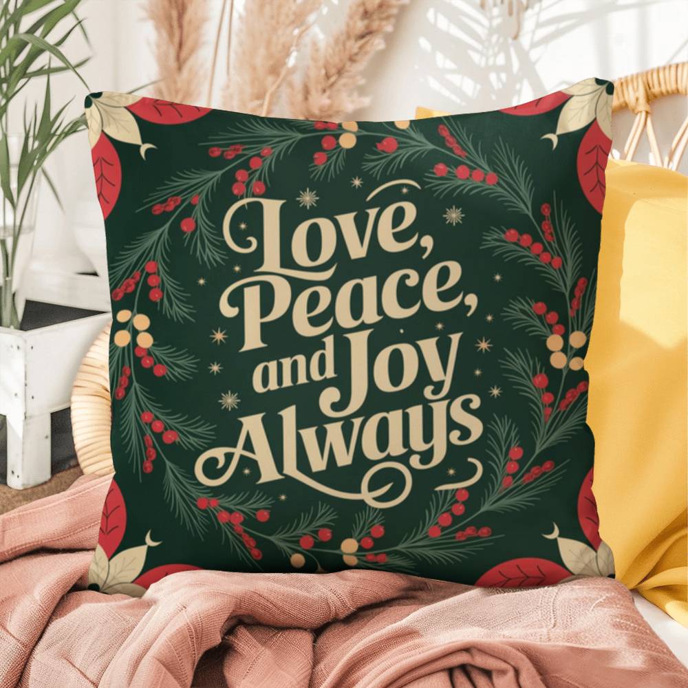 Love, Peace, and Joy Always Throw Pillow - Calm Christmas décor for mindfulness and comfort