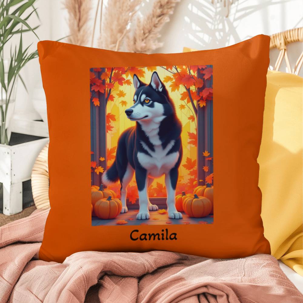 Siberian Husky Black & White Coat (Amber Eyes) Pillow, Indoor Outdoor Dog Cushion, Personalized