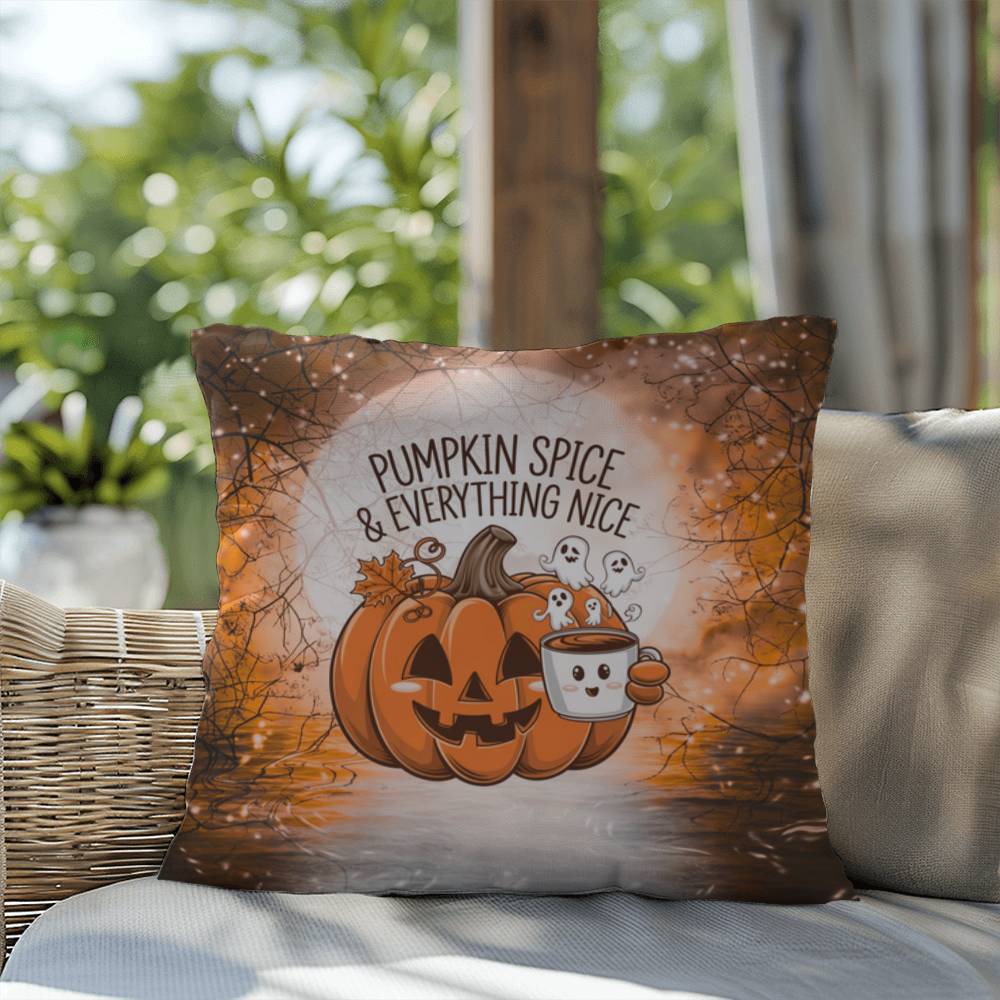 Halloween indoor/outdoor throw pillow with pumpkin spice theme for cozy fall décor