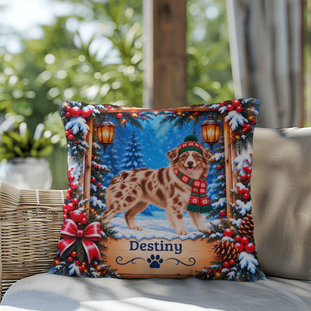 Australian Shepherd (Red Merle Coat, Amber Eyes) - Personalized Dog Name Pillow, Winter Home Gift