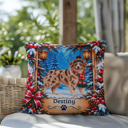 Australian Shepherd (Red Merle Coat, Amber Eyes) - Personalized Dog Name Pillow, Winter Home Gift
