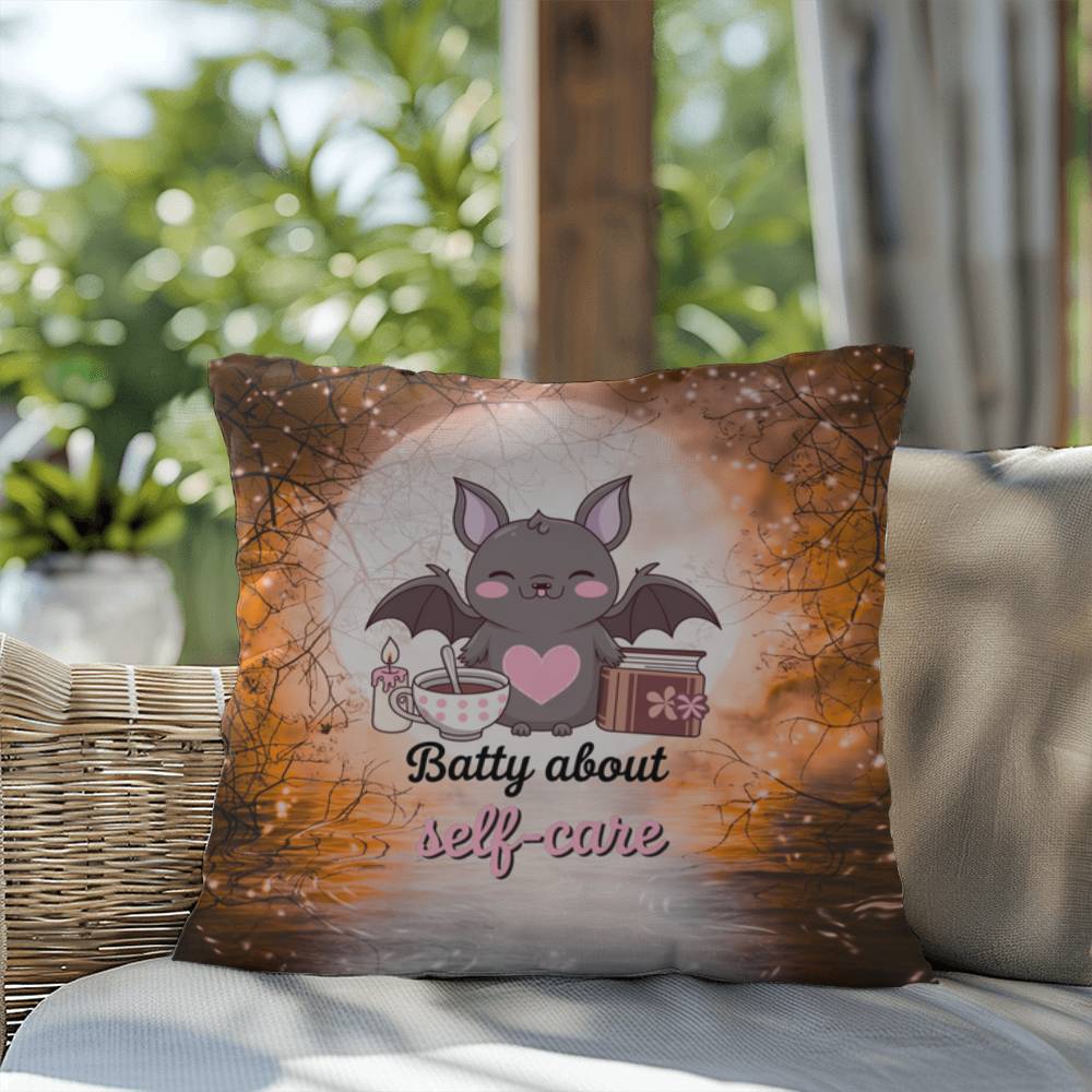 Halloween indoor/outdoor throw pillow with bats and “Batty About Self-Care” for mental health encouragement
