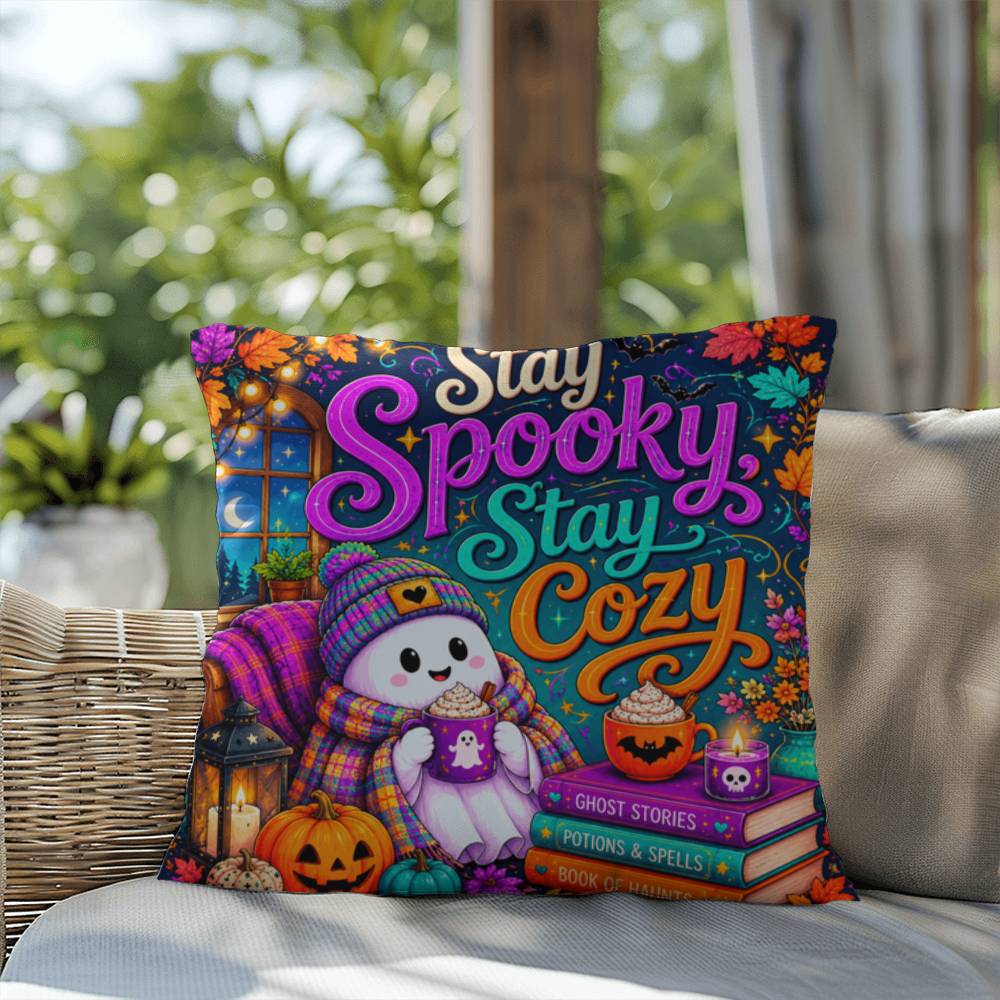 Stay Spooky Stay Cozy quote with ghosts and books on a Halloween throw pillow