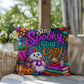 Stay Spooky Stay Cozy quote with ghosts and books on a Halloween throw pillow