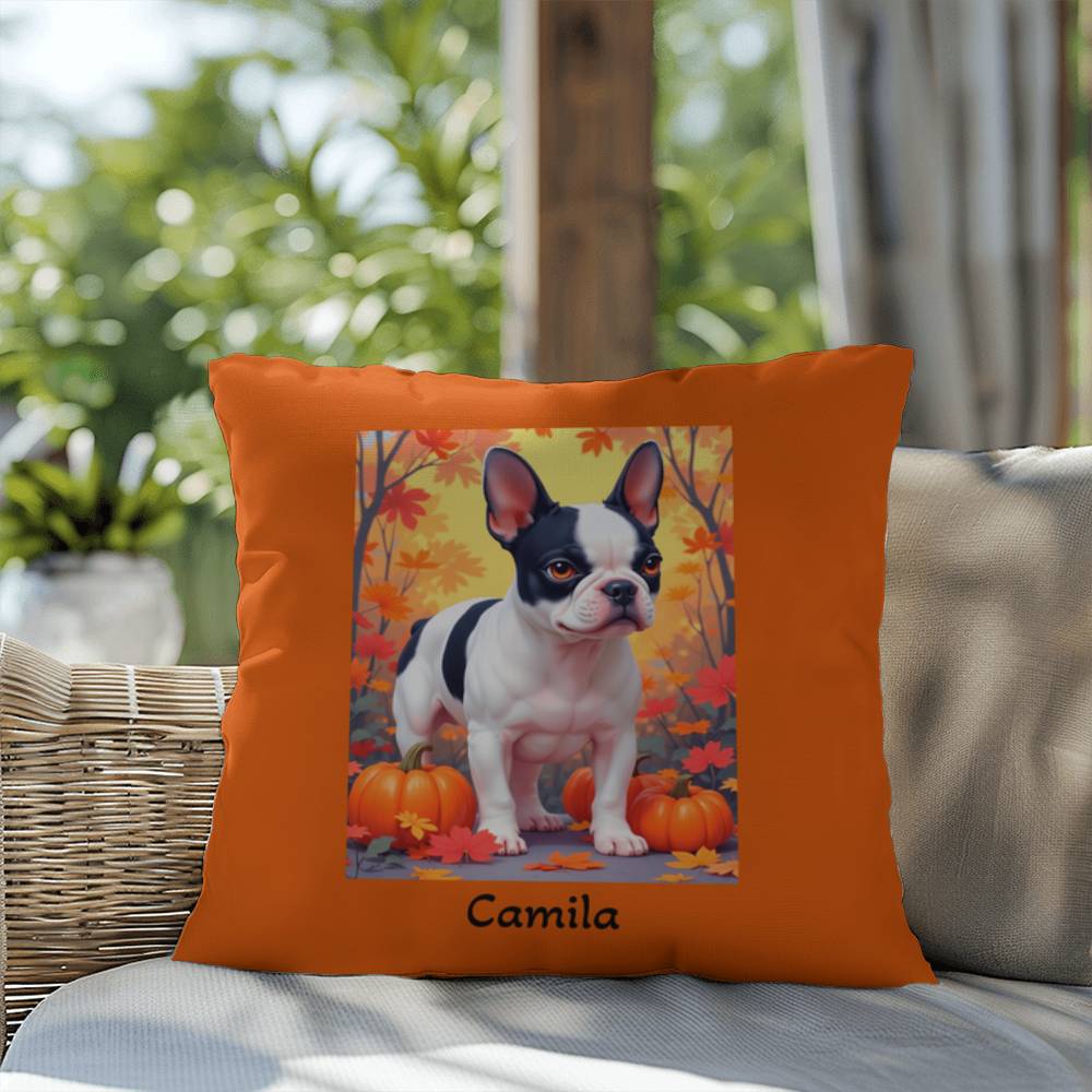 Black Pied French Bulldog pillow, personalized indoor outdoor dog cushion, custom Frenchie decor - MySisterIsASurvivor
