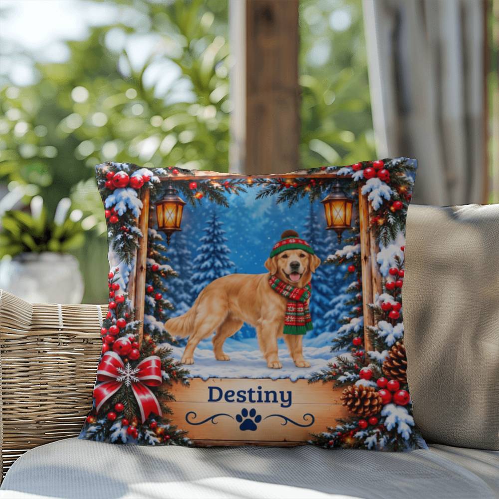 Golden Retriever (Light Golden Coat) - Personalized Snowy Woodland Pillow, Custom Dog Name Gift