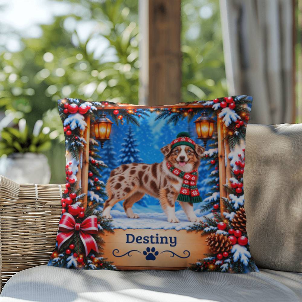 Australian Shepherd (Red Merle Tri, Blue Eyes) - Personalized Throw Pillow, Cozy Winter Dog Gift