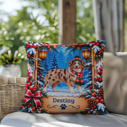 Australian Shepherd (Red Merle Tri, Blue Eyes) - Personalized Throw Pillow, Cozy Winter Dog Gift