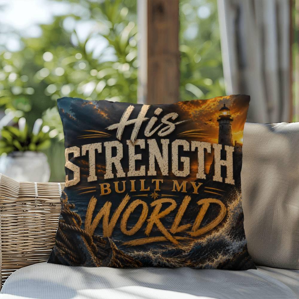 Shop our premium his strength built my world throw pillow from MySisterIsASurvivor.