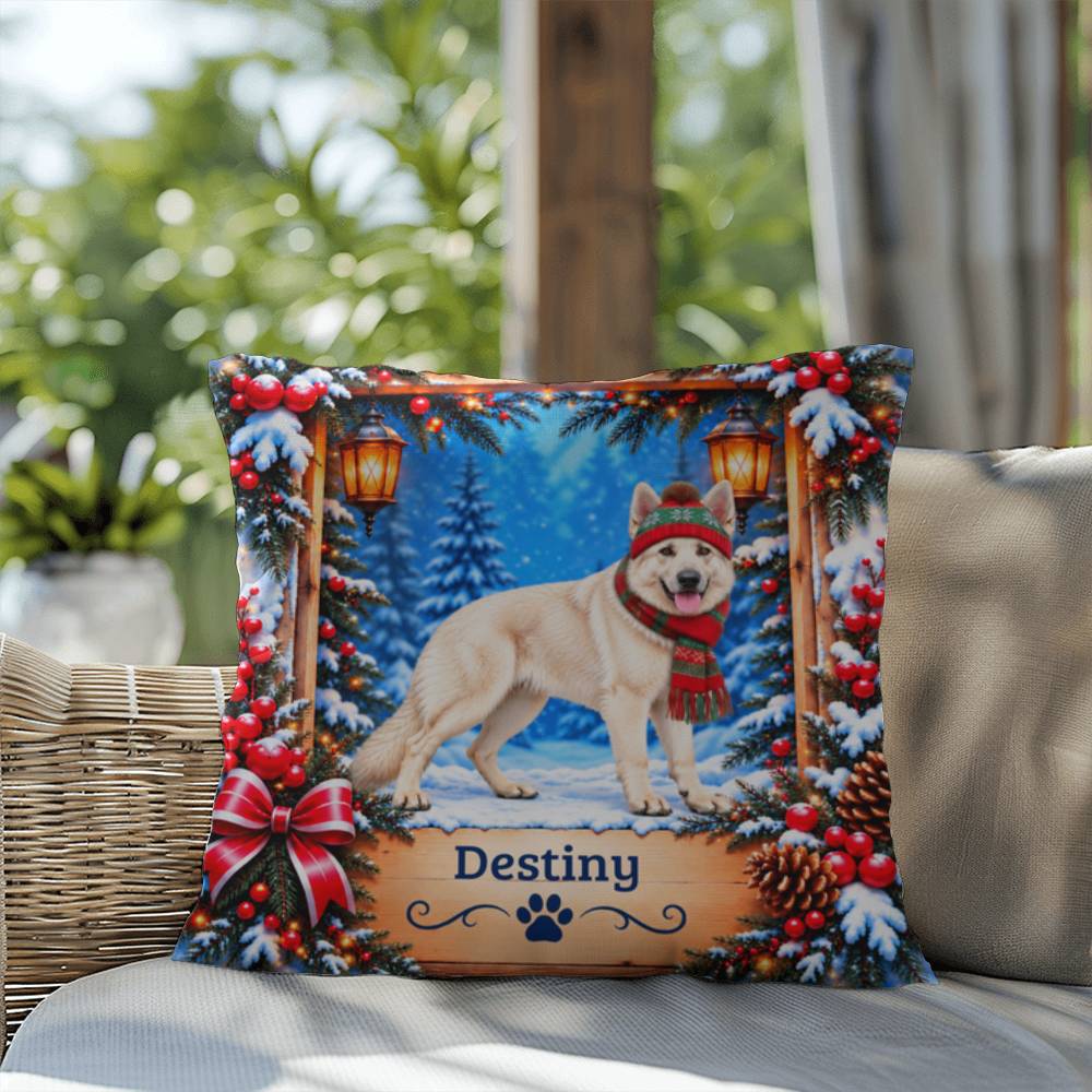 German Shepherd (White Coat) - Personalized Snowy Woodland Pillow, Winter Gift for Dog Lovers