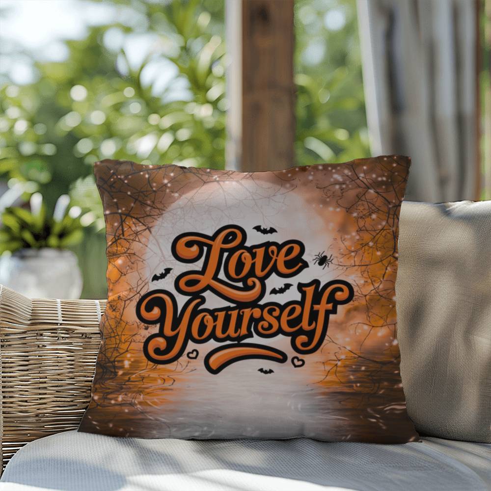 Halloween indoor/outdoor pillow with “Love Yourself” for mental health and self-love décor