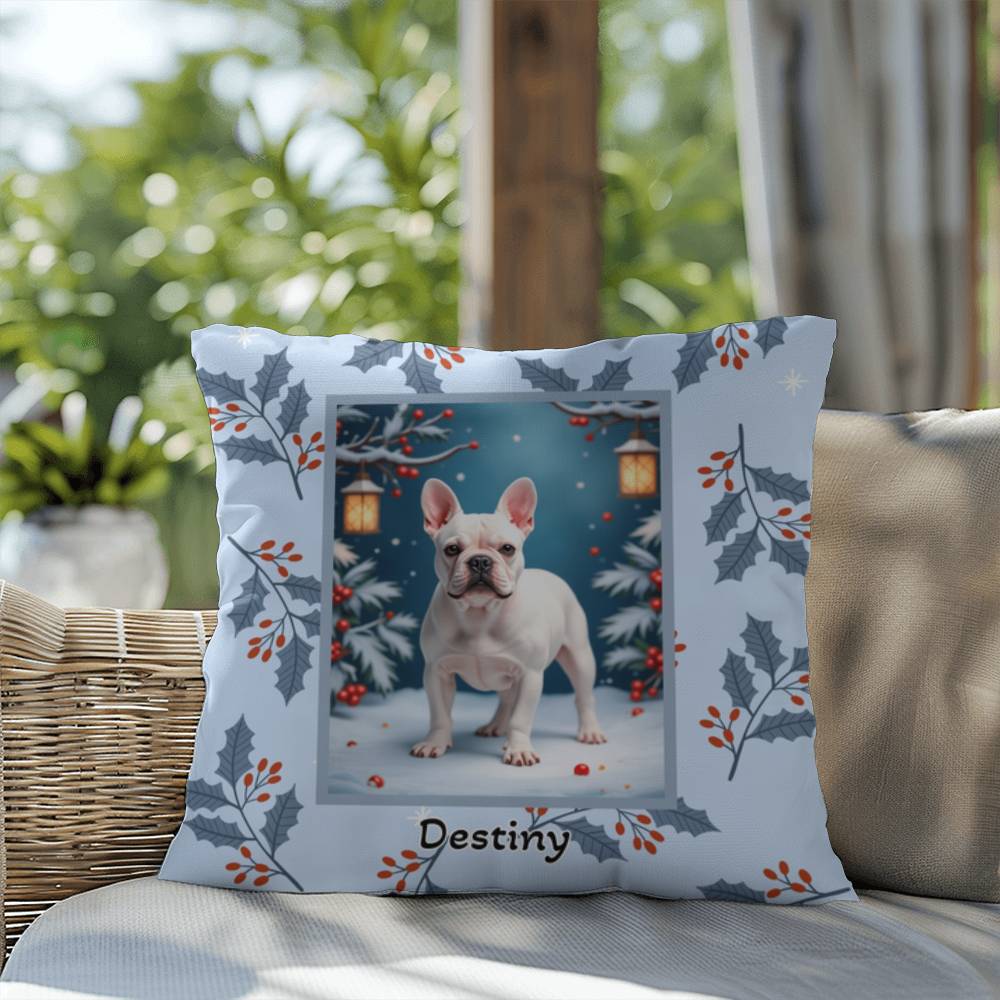 French Bulldog White Pillow - Holiday Frenchie throw pillow, indoor cozy dog accent pillow