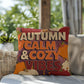 Autumn Calm & Cozy Vibes throw pillow in bright fall colors with mindful quote for Thanksgiving home décor