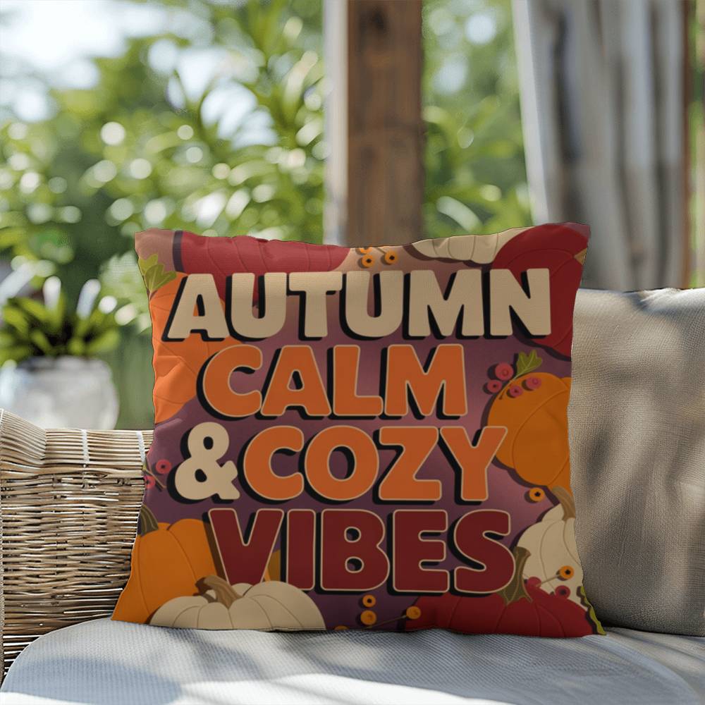Autumn Calm & Cozy Vibes throw pillow in bright fall colors with mindful quote for Thanksgiving home décor