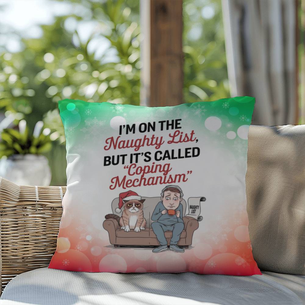 I’m on the Naughty List (Man and Cat) Throw Pillow - Christmas humor indoor decorative pillow