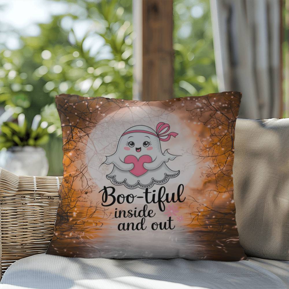 Indoor/outdoor Halloween pillow with “Boo-tiful Inside & Out” promoting positivity and self-love