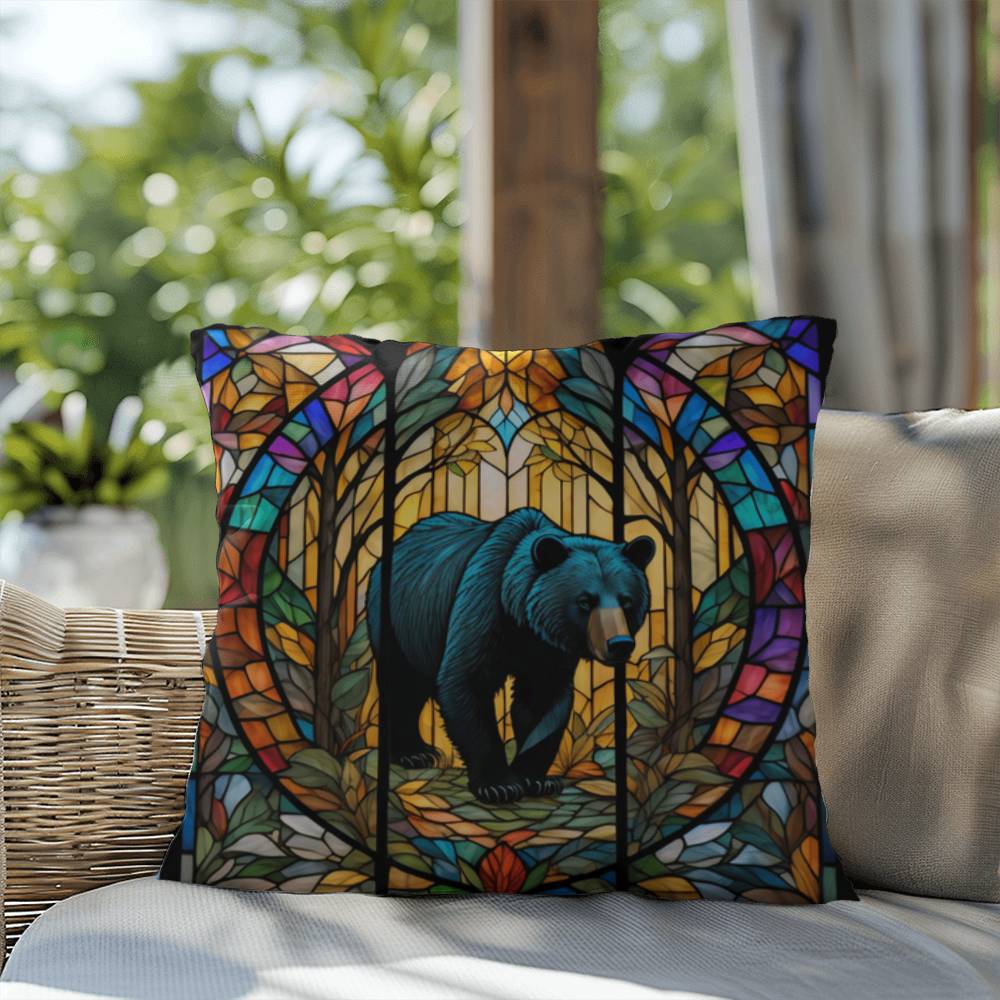 Bear stained glass throw pillow, indoor outdoor wildlife decor, cozy home accent for animal lovers