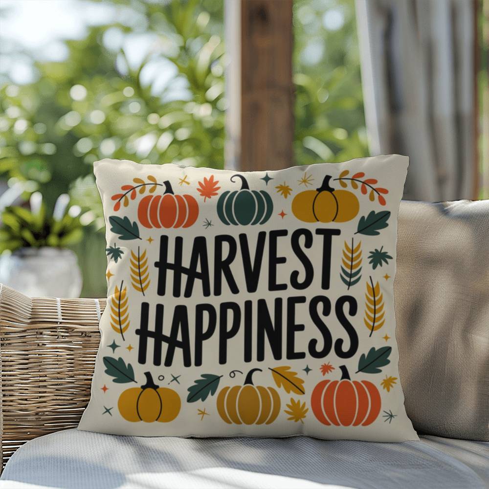 Harvest Happiness throw pillow with fall mindfulness quote, cozy colors and seasonal home décor