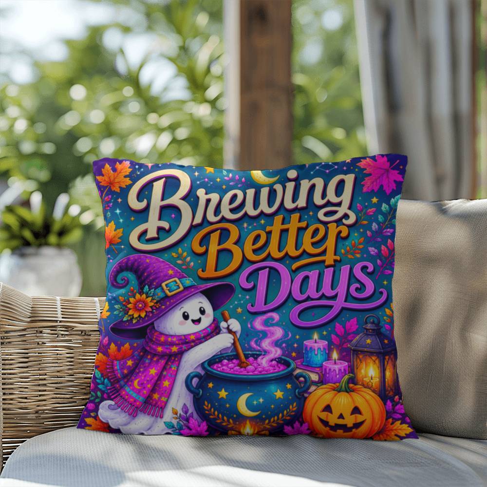 Brewing Better Days Halloween Throw Pillow - Witch Ghost Cauldron Healing Gift