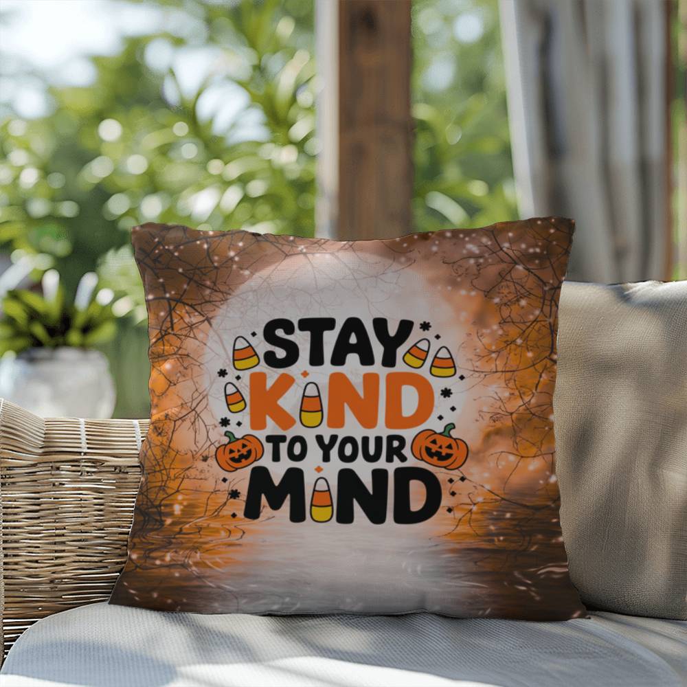 Indoor/outdoor throw pillow with “Stay Kind To Your Mind” promoting mental wellness