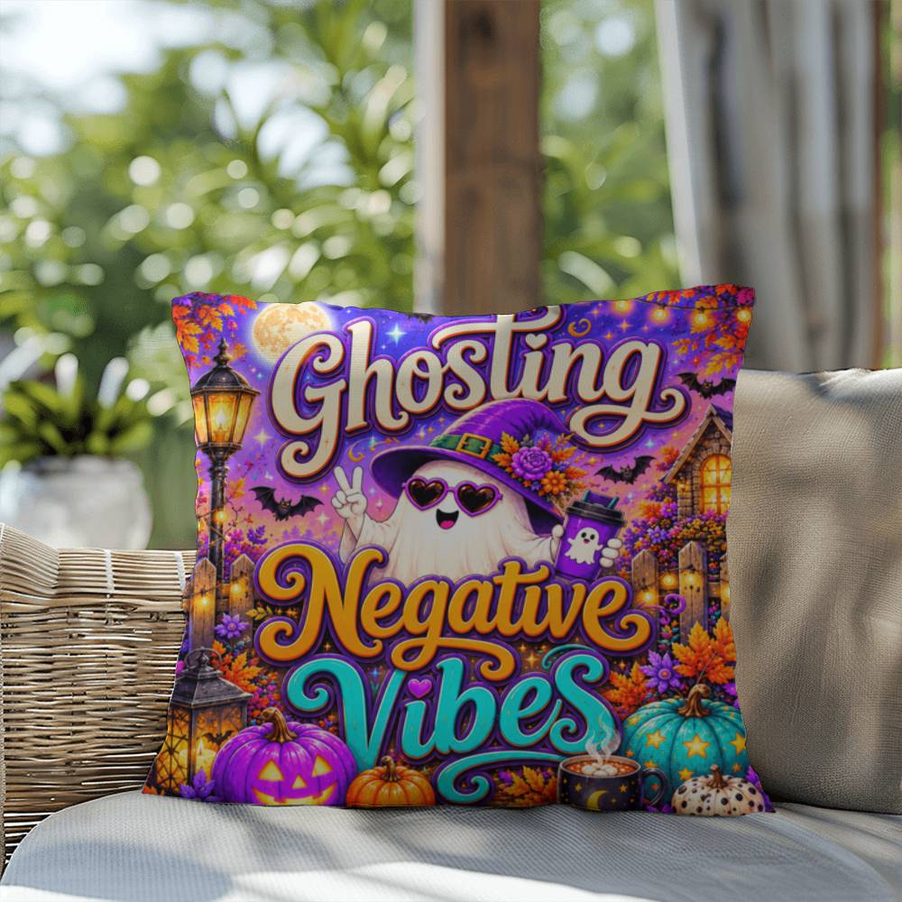 Ghosting Negative Vibes message with peace sign ghost artwork on a positive Halloween throw pillow