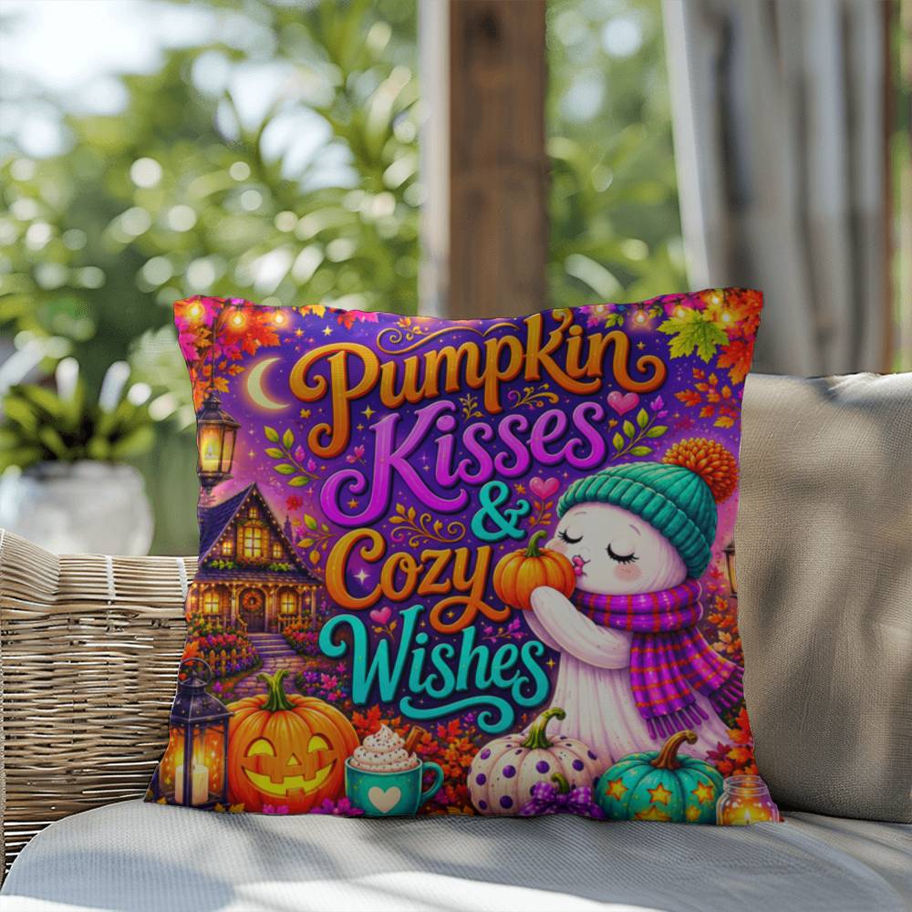 Pumpkin Kisses & Cozy Wishes saying with cute autumn artwork on a Halloween throw pillow