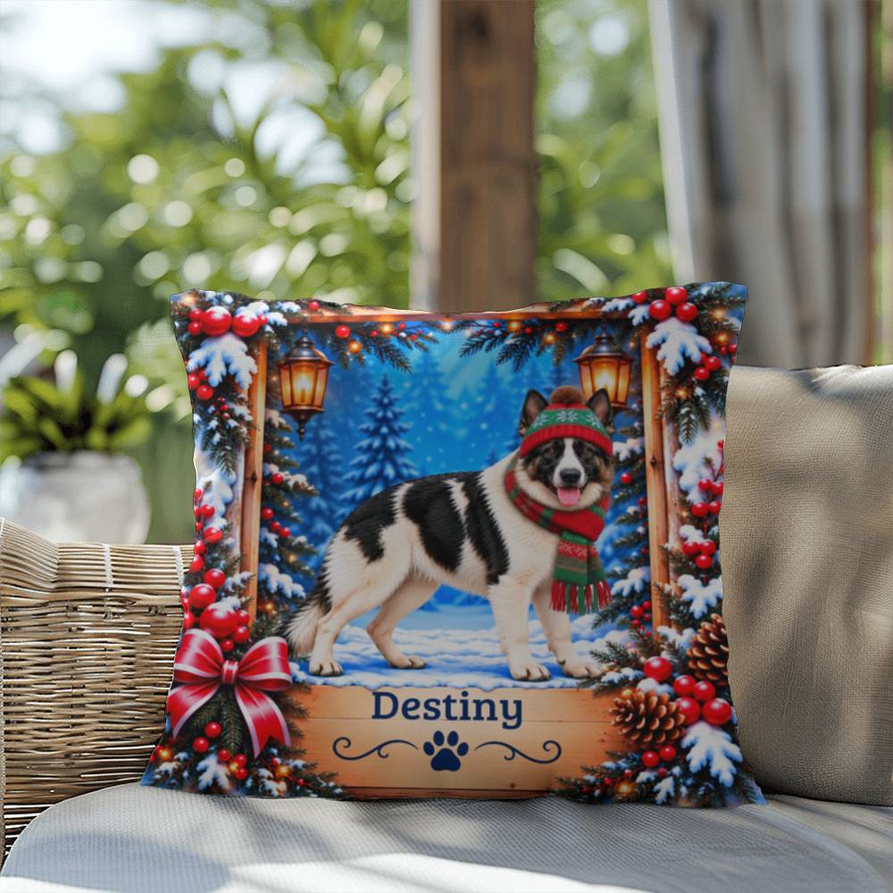 German Shepherd (White & Black Coat) - Personalized Dog Name Pillow, Snowy Winter Home Decor