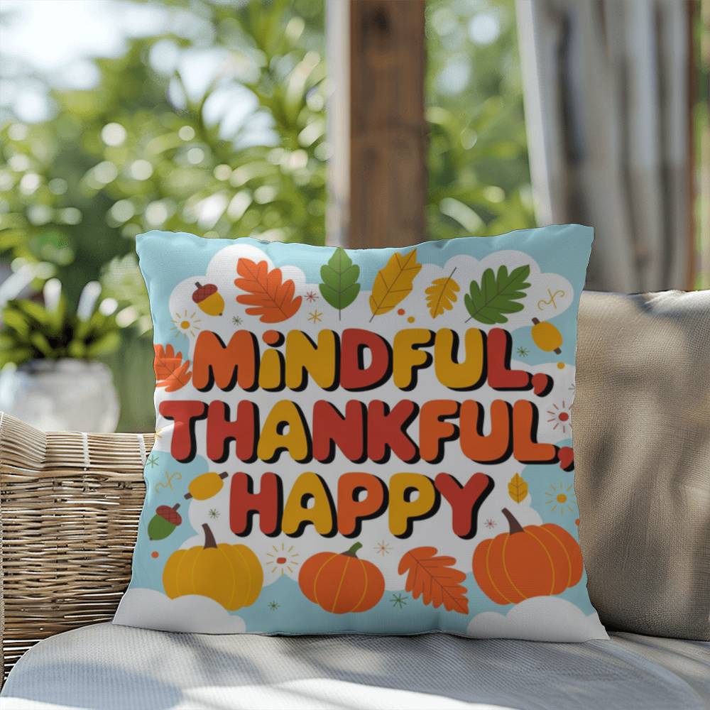 Mindful, Thankful, Happy throw pillow with uplifting fall mindfulness message for seasonal décor