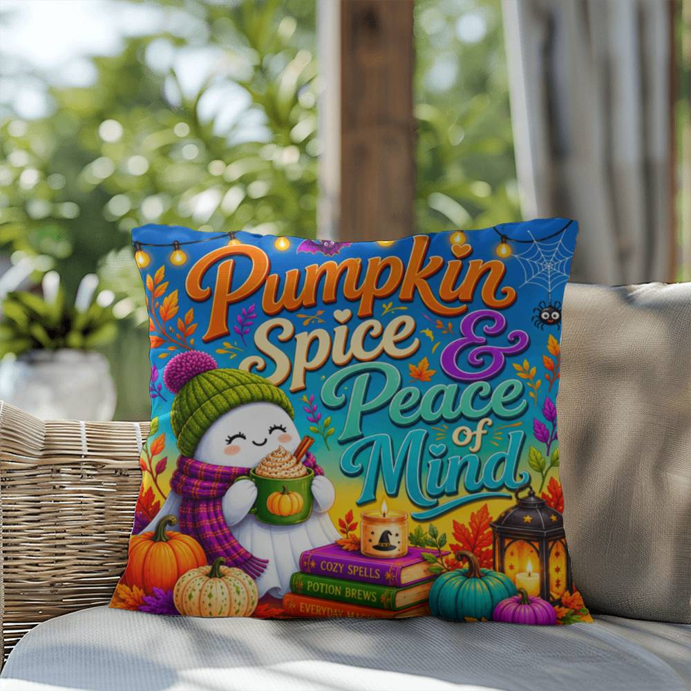 Pumpkin Spice & Peace Of Mind Halloween Throw Pillow - Cozy Ghost Fall Pillow