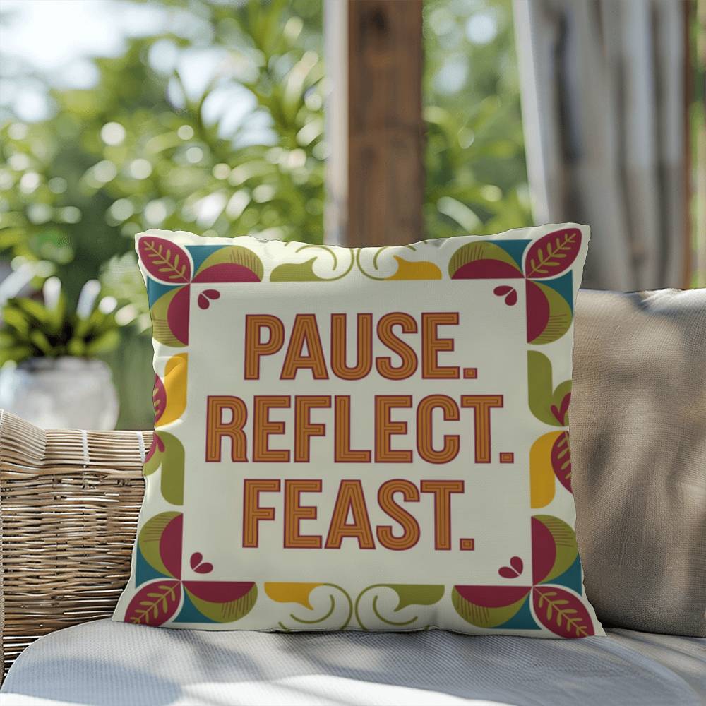 Pause. Reflect. Feast. pillow featuring Thanksgiving gratitude quote and cozy autumn home décor