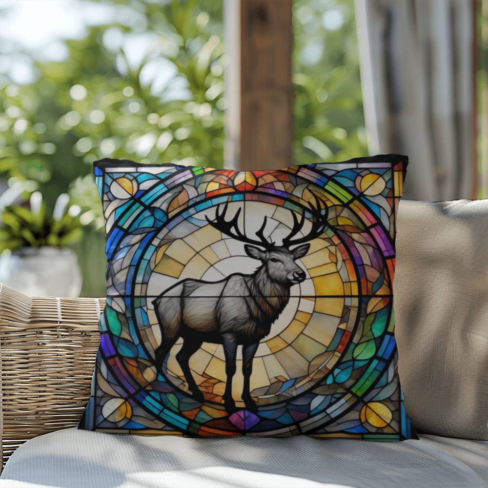 Reindeer stained glass throw pillow, holiday wildlife decor, indoor outdoor accent cushion