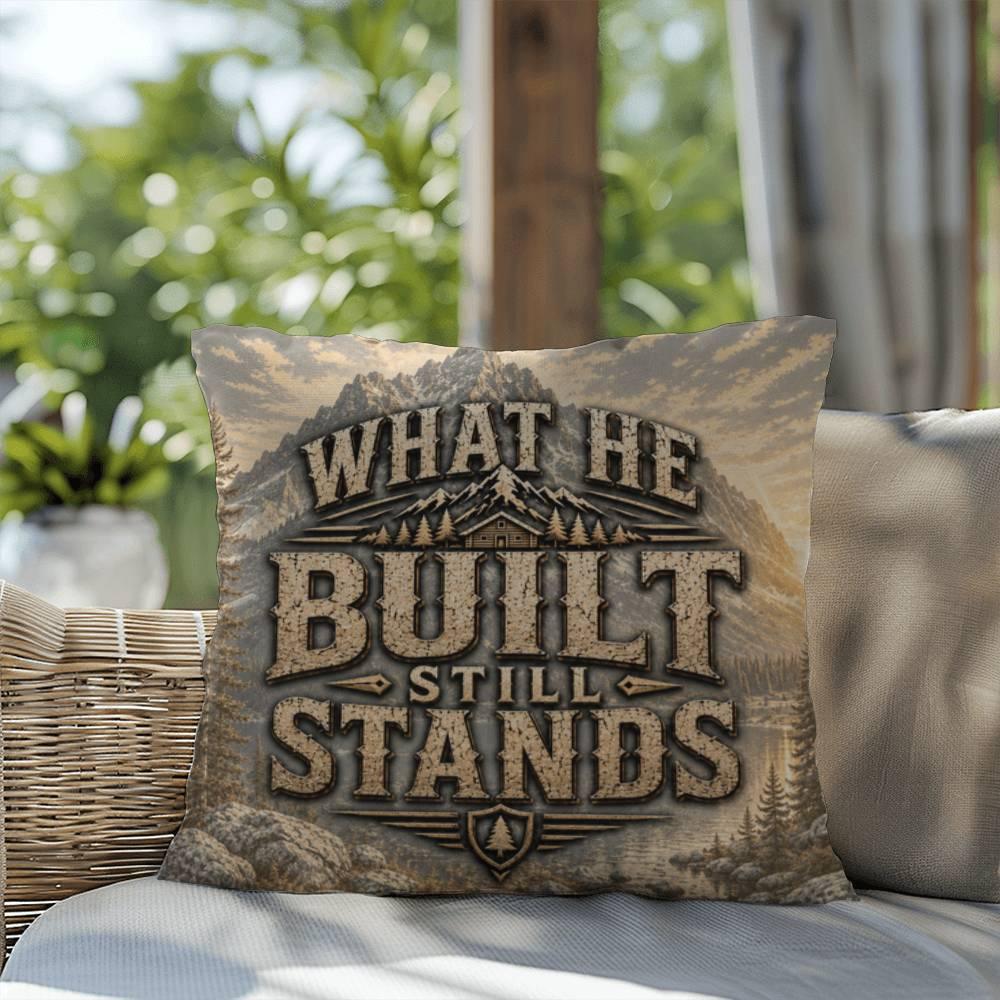 Shop our premium what he built still stands throw pillow from MySisterIsASurvivor.