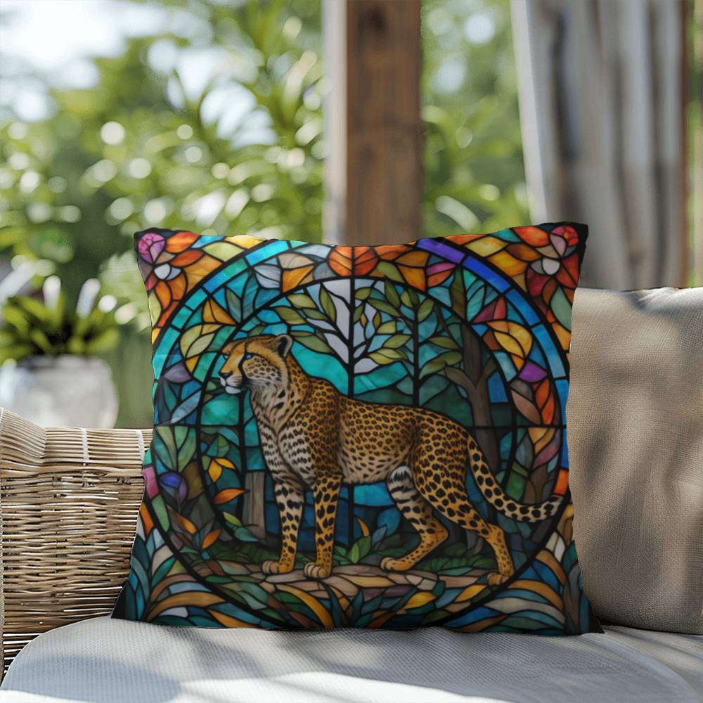 Cheetah stained glass throw pillow, indoor outdoor animal print decor, safari home accent cushion