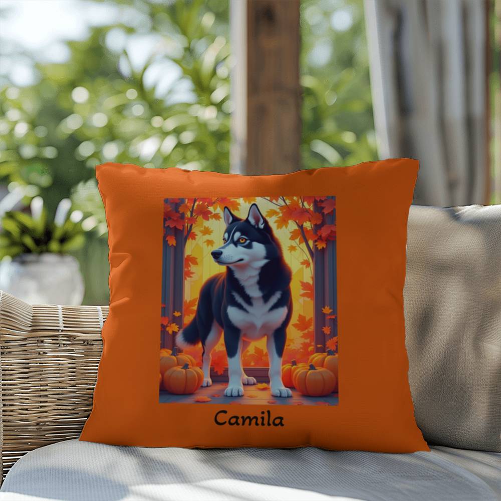 Siberian Husky Black & White Coat (Amber Eyes) Pillow, Indoor Outdoor Dog Cushion, Personalized