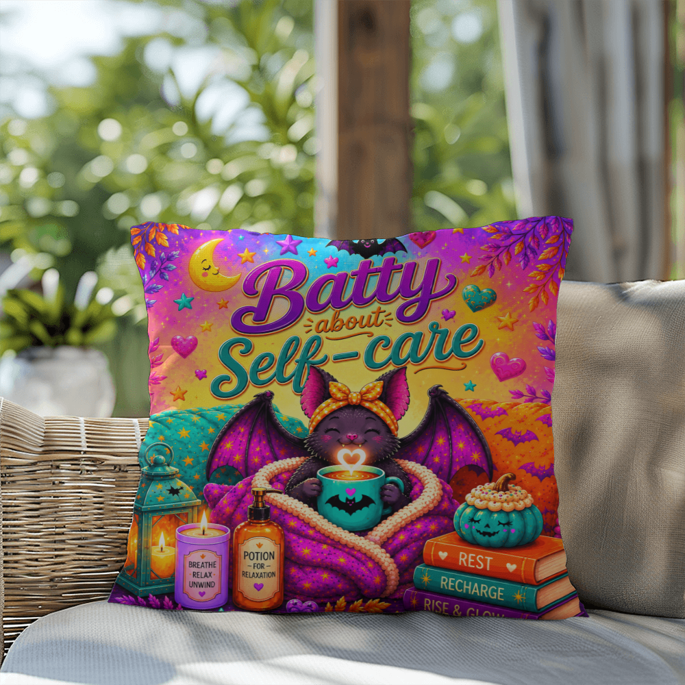 Batty About Self-Care quote with smiling bat illustration on a Halloween pillow focused on daily wellness