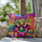 Batty About Self-Care quote with smiling bat illustration on a Halloween pillow focused on daily wellness