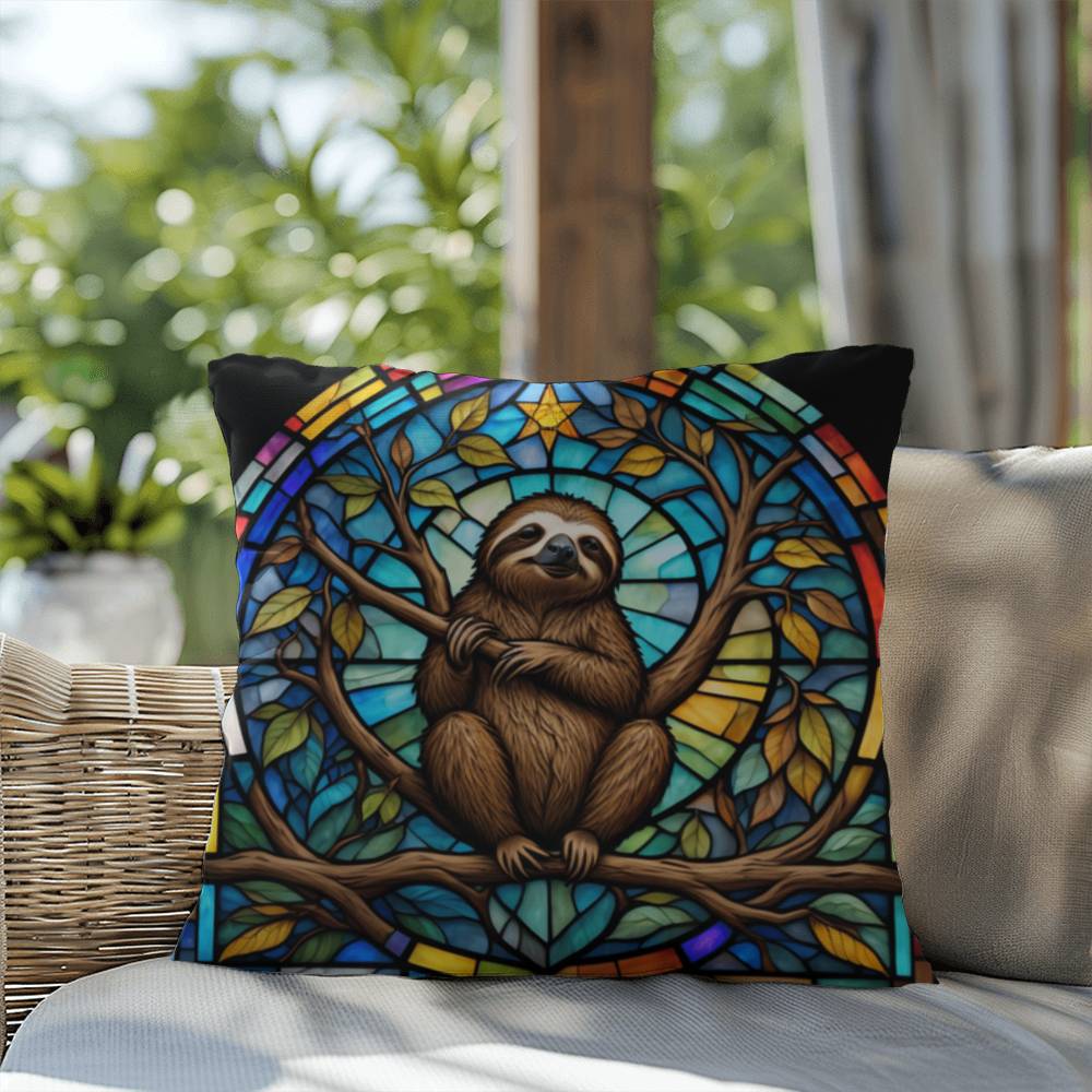 Sloth stained glass throw pillow, jungle animal decor, indoor outdoor cozy home accent