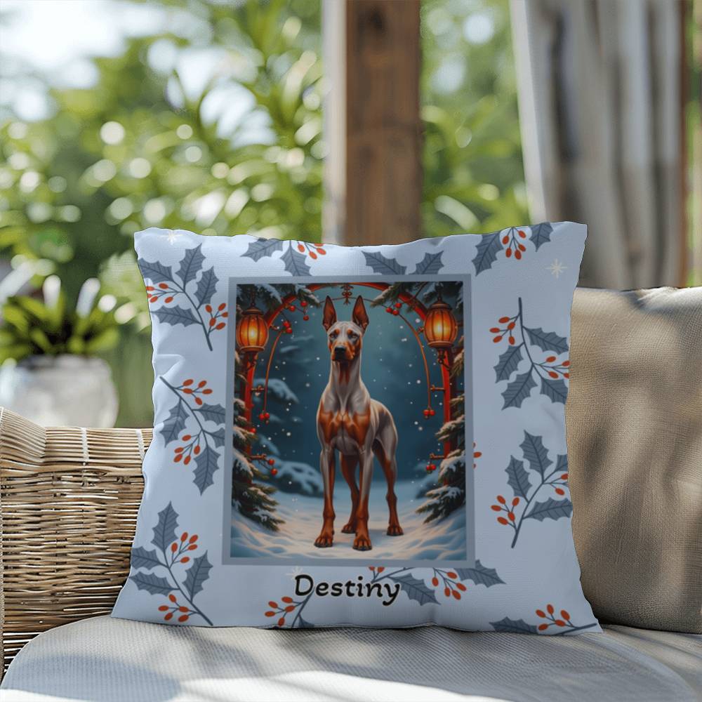 Doberman Fawn & Rust Pillow - Seasonal Doberman dog pillow, winter home accent, personalized holiday throw