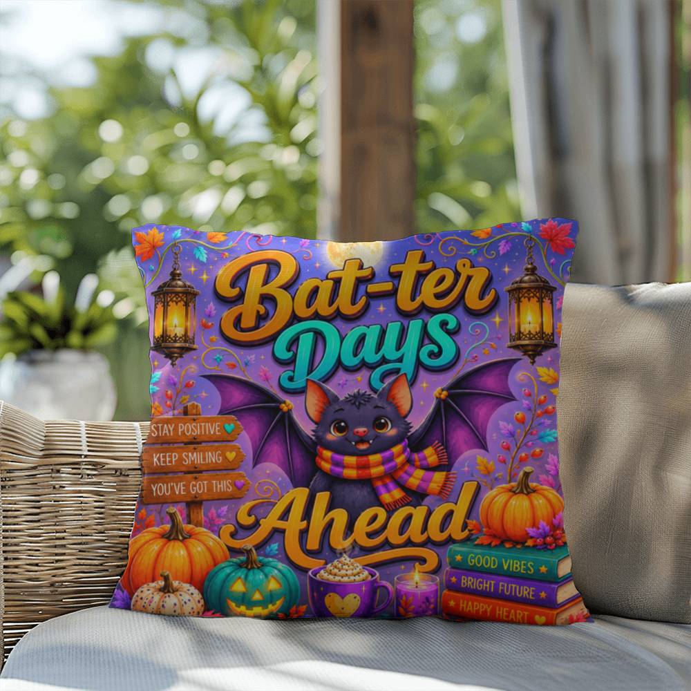 Bat-ter Days Ahead quote with cheerful bat artwork on a colorful Halloween throw pillow with uplifting fall vibes