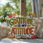 Gratitude Is My Attitude throw pillow with seasonal mindfulness quote and colorful autumn décor accent
