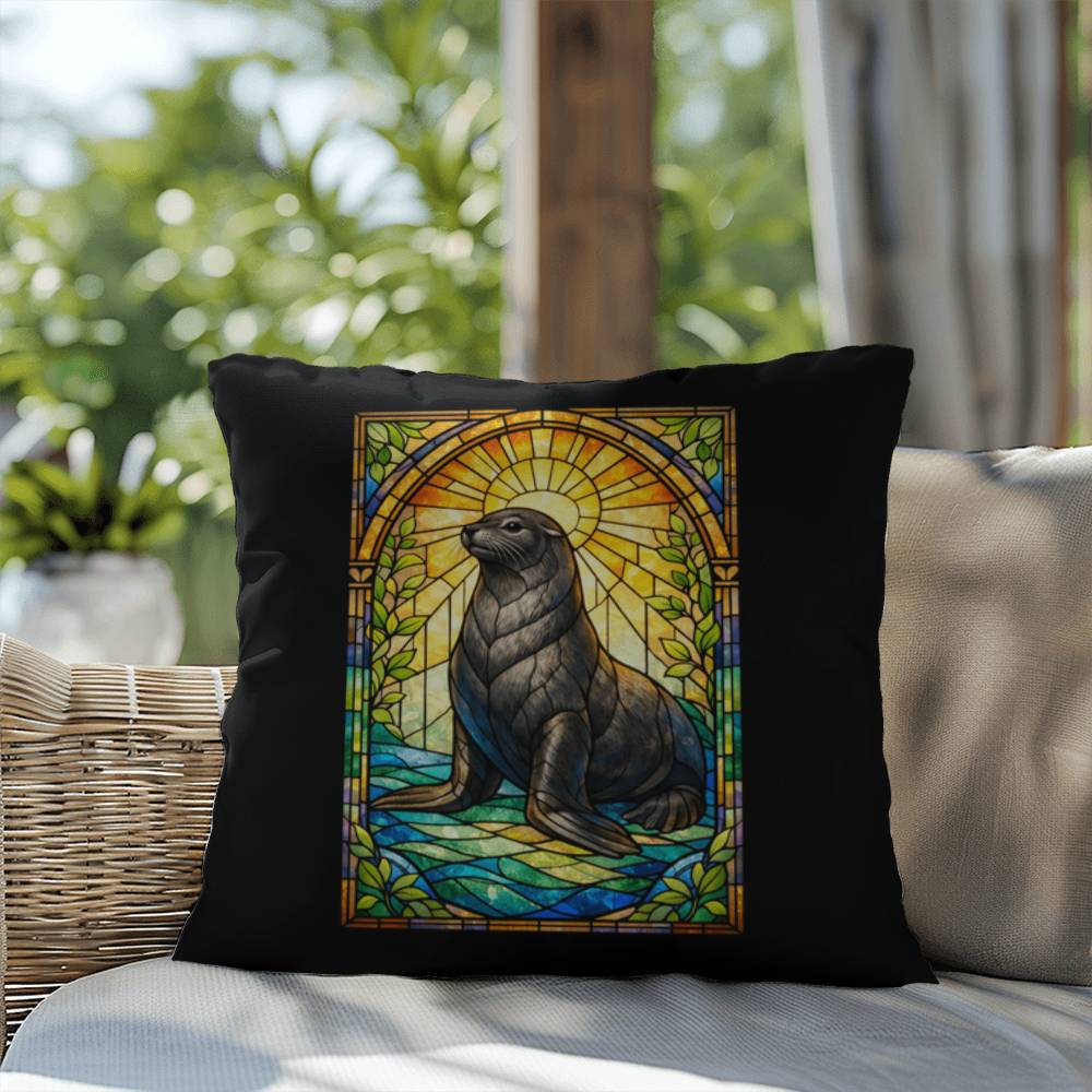 Shop our premium sea lion stained glass style throw pillow from MySisterIsASurvivor.