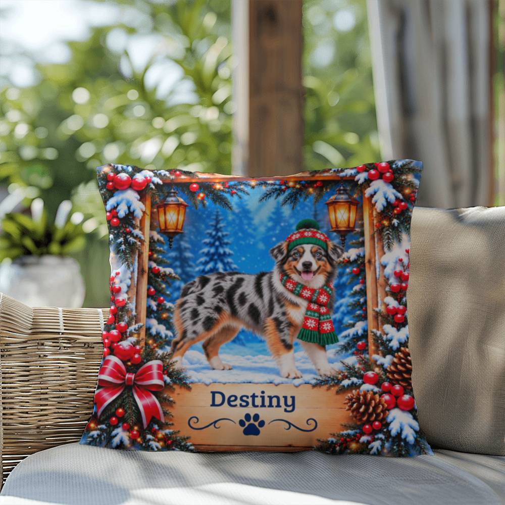 Australian Shepherd (Blue Merle Tri Coat) - Personalized Blue-Eyed Aussie Pillow, Winter Dog Gift