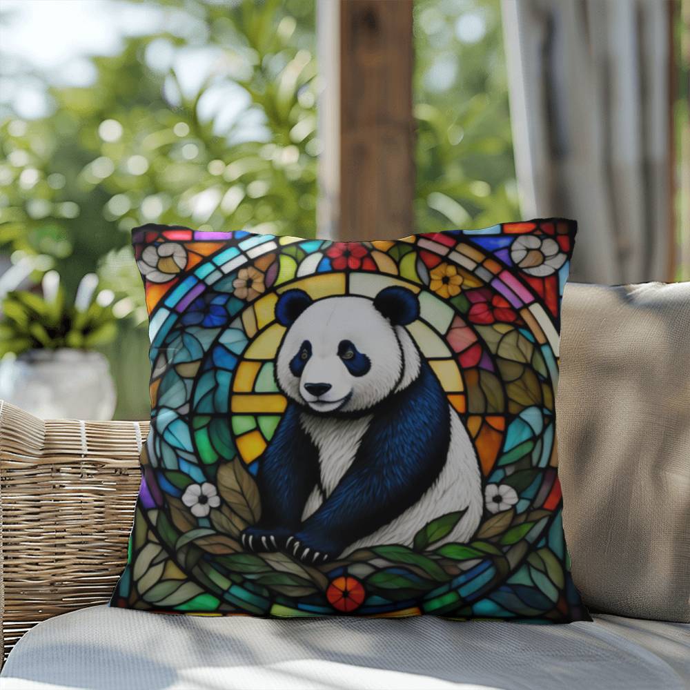 Panda stained glass throw pillow, wildlife animal decor, indoor outdoor cozy home accent