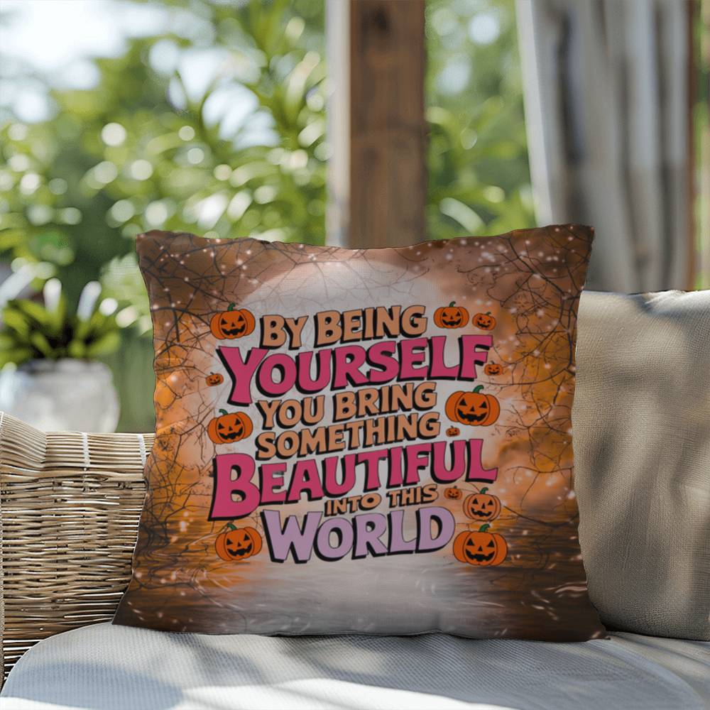 Inspirational indoor/outdoor throw pillow with “By Being Yourself” for mental health awareness