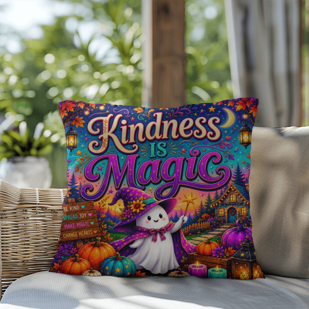 Kindness Is Magic quote with cheerful Halloween artwork on a positive decorative throw pillow