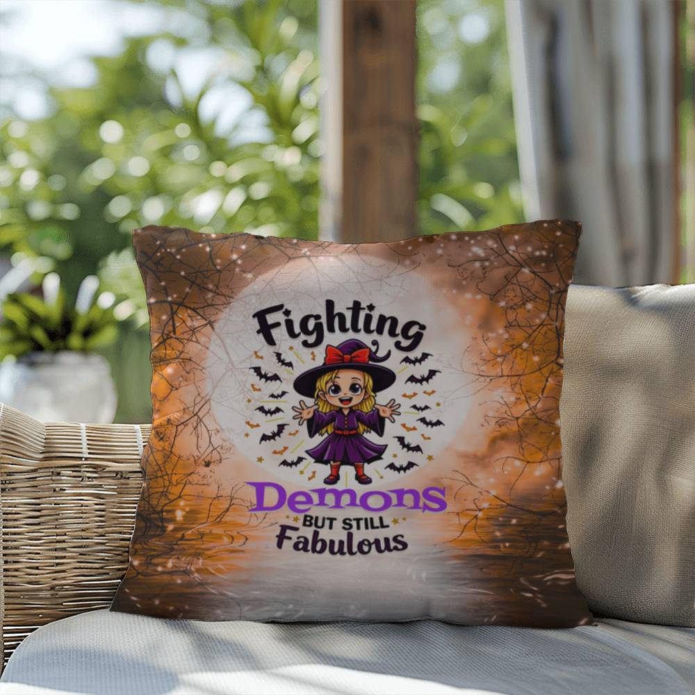 Halloween indoor/outdoor pillow with “Fighting Demons but still” for mental health and resilience