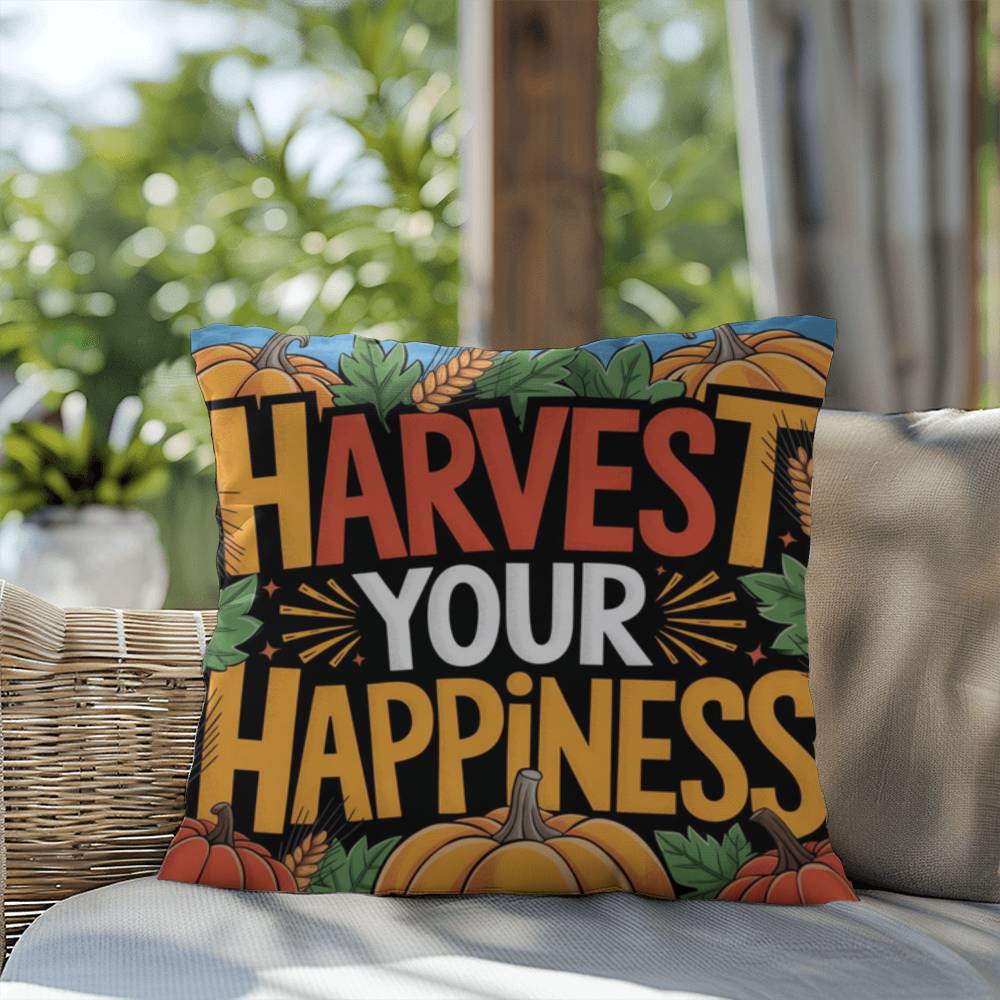 Harvest Your Happiness pillow in autumn hues with mindful Thanksgiving quote and cozy seasonal décor