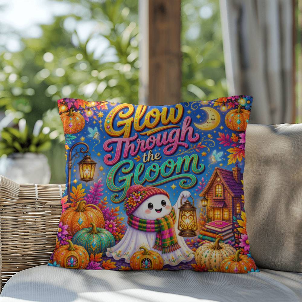 Glow Through The Gloom quote with ghost lantern artwork on an encouraging Halloween throw pillow